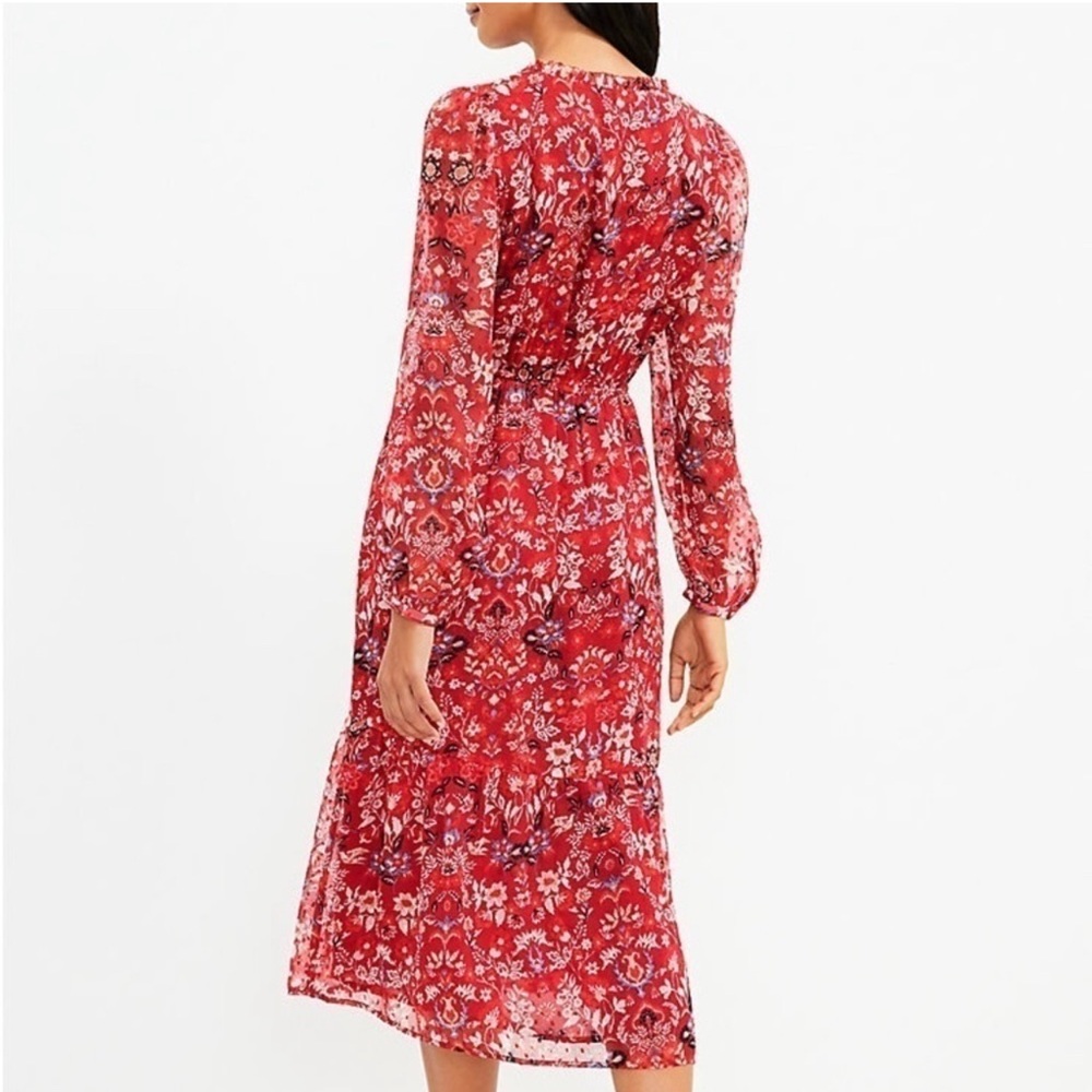LOFT Red Floral Long Sleeve Midi Dress - Picture 2 of 7